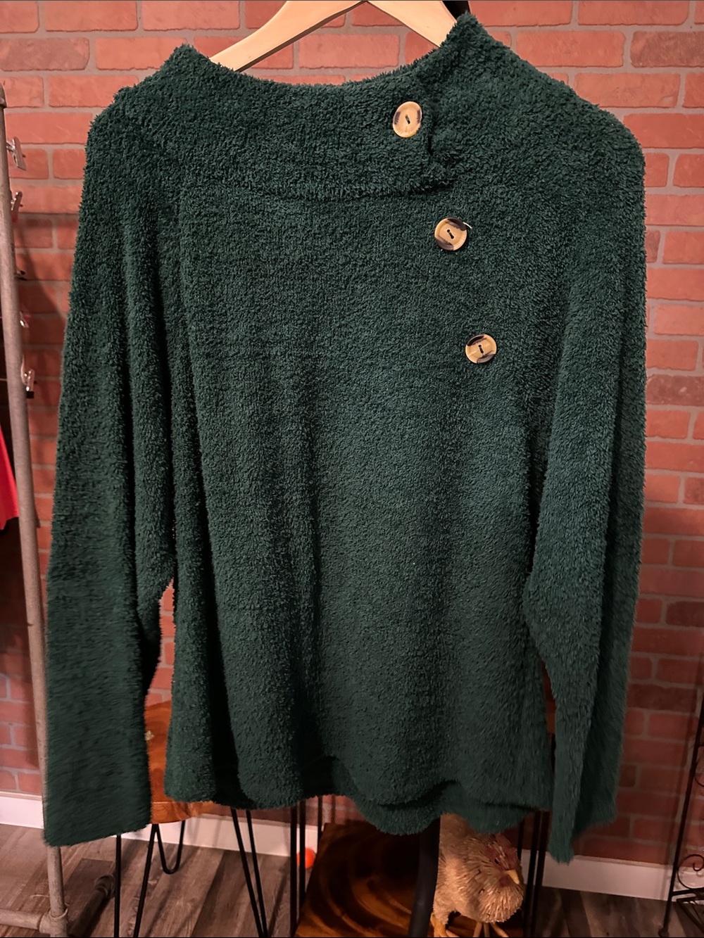 Women's Forest Green Button-Detail Cowl Sweater